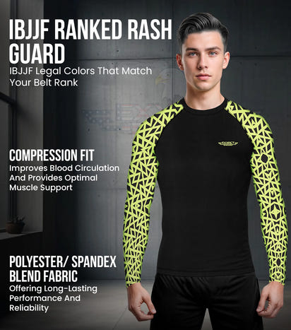 Men's Neon Green Texture BJJ Rash Guard Long Sleeve