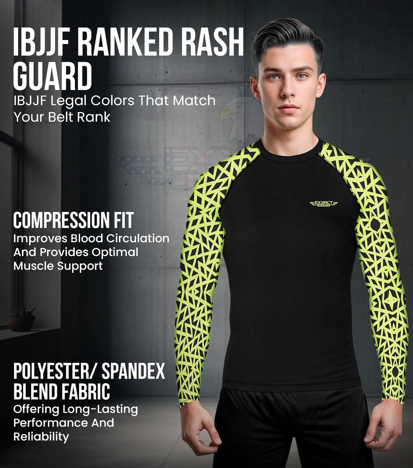 Men's Neon Green Texture BJJ Rash Guard Long Sleeve