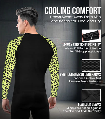 Men's Neon Green Texture BJJ Rash Guard Long Sleeve