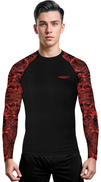 Men's Red Texture BJJ Rash Guard Long Sleeve