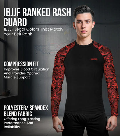 Men's Red Texture BJJ Rash Guard Long Sleeve