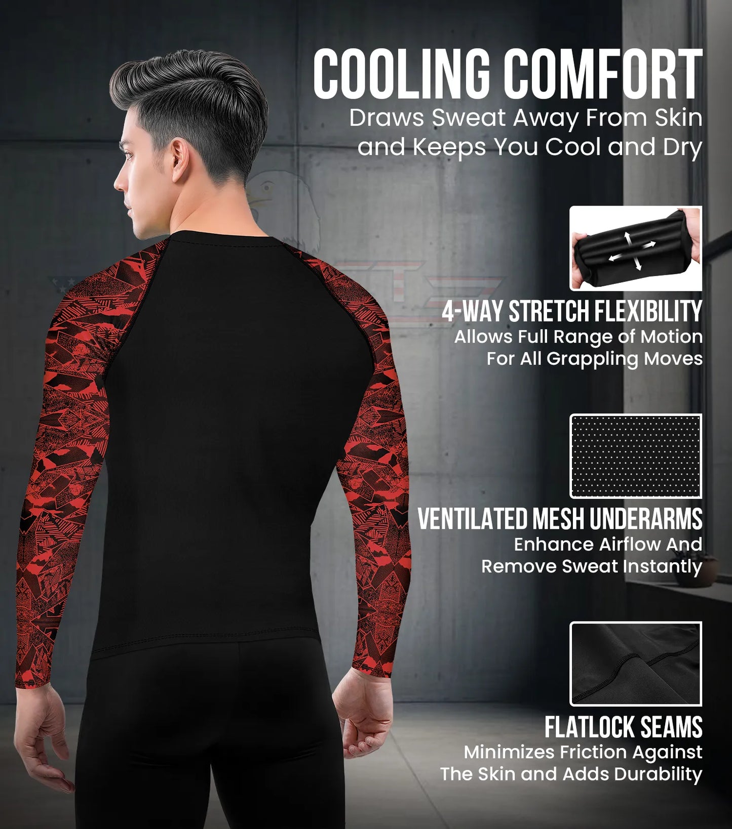 Men's Red Texture BJJ Rash Guard Long Sleeve