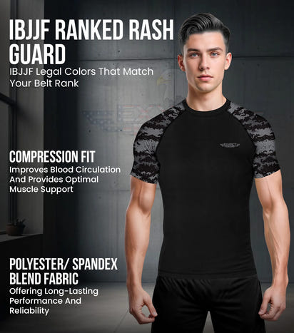 Men's Black Camo BJJ Rash Guard Short Sleeve