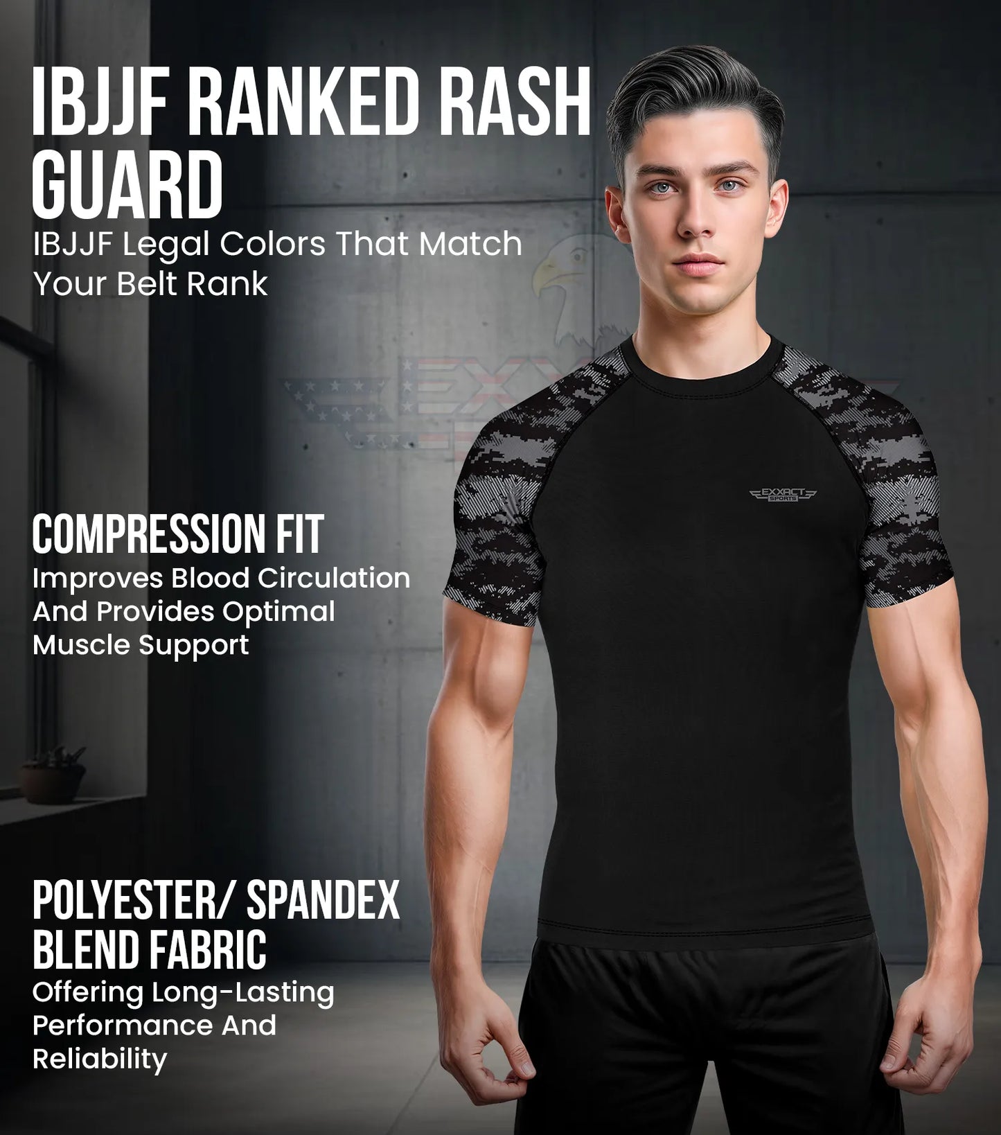 Men's Black Camo BJJ Rash Guard Short Sleeve