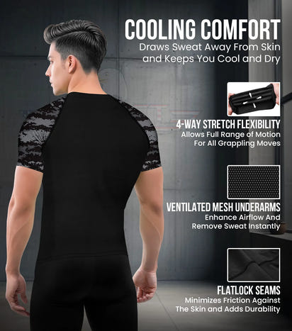 Men's Black Camo BJJ Rash Guard Short Sleeve