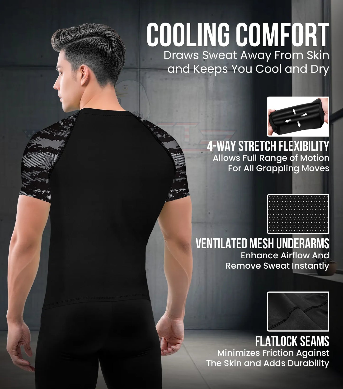 Men's Black Camo BJJ Rash Guard Short Sleeve