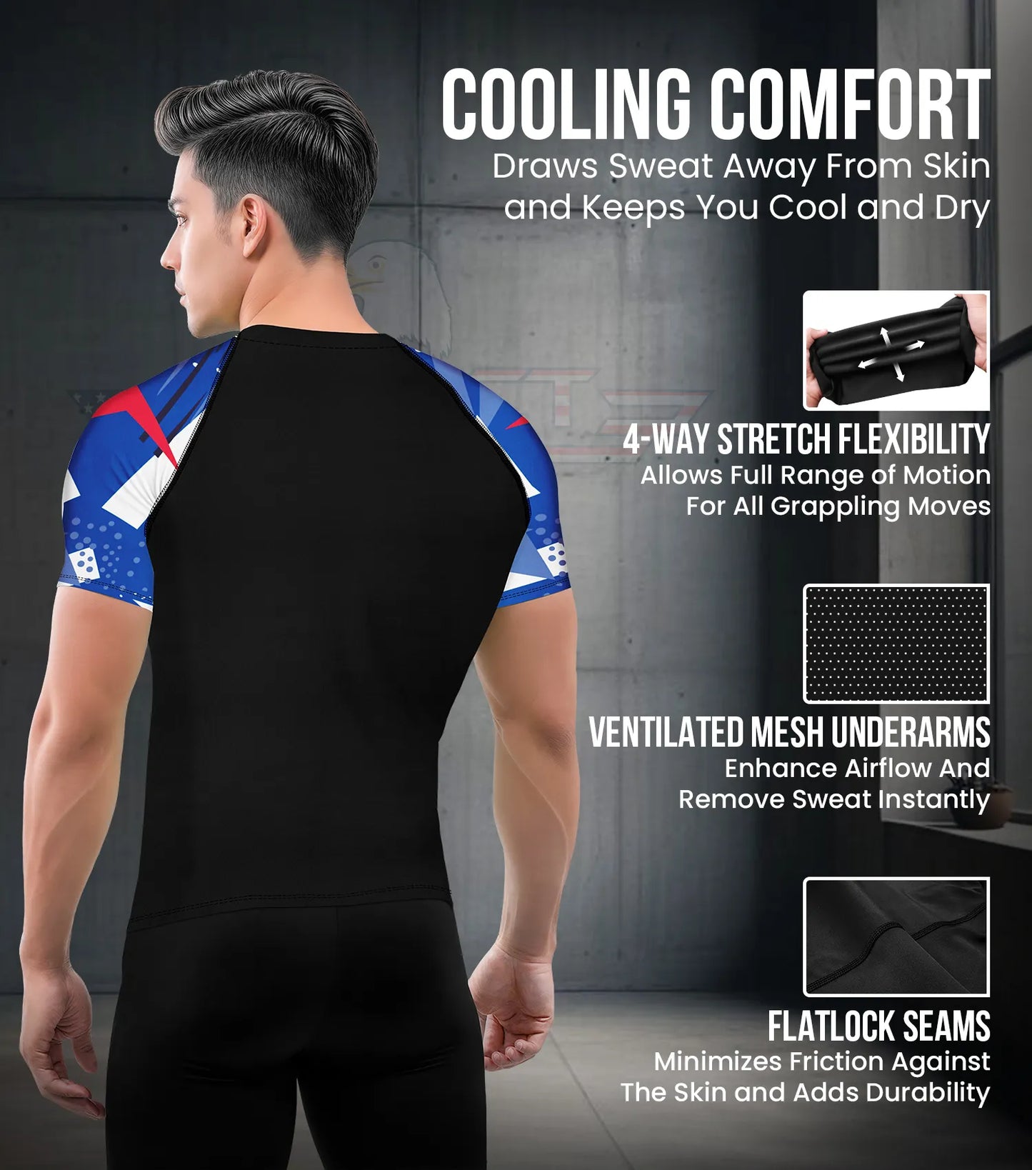 Men's Blue Texture BJJ Rash Guard Short Sleeve