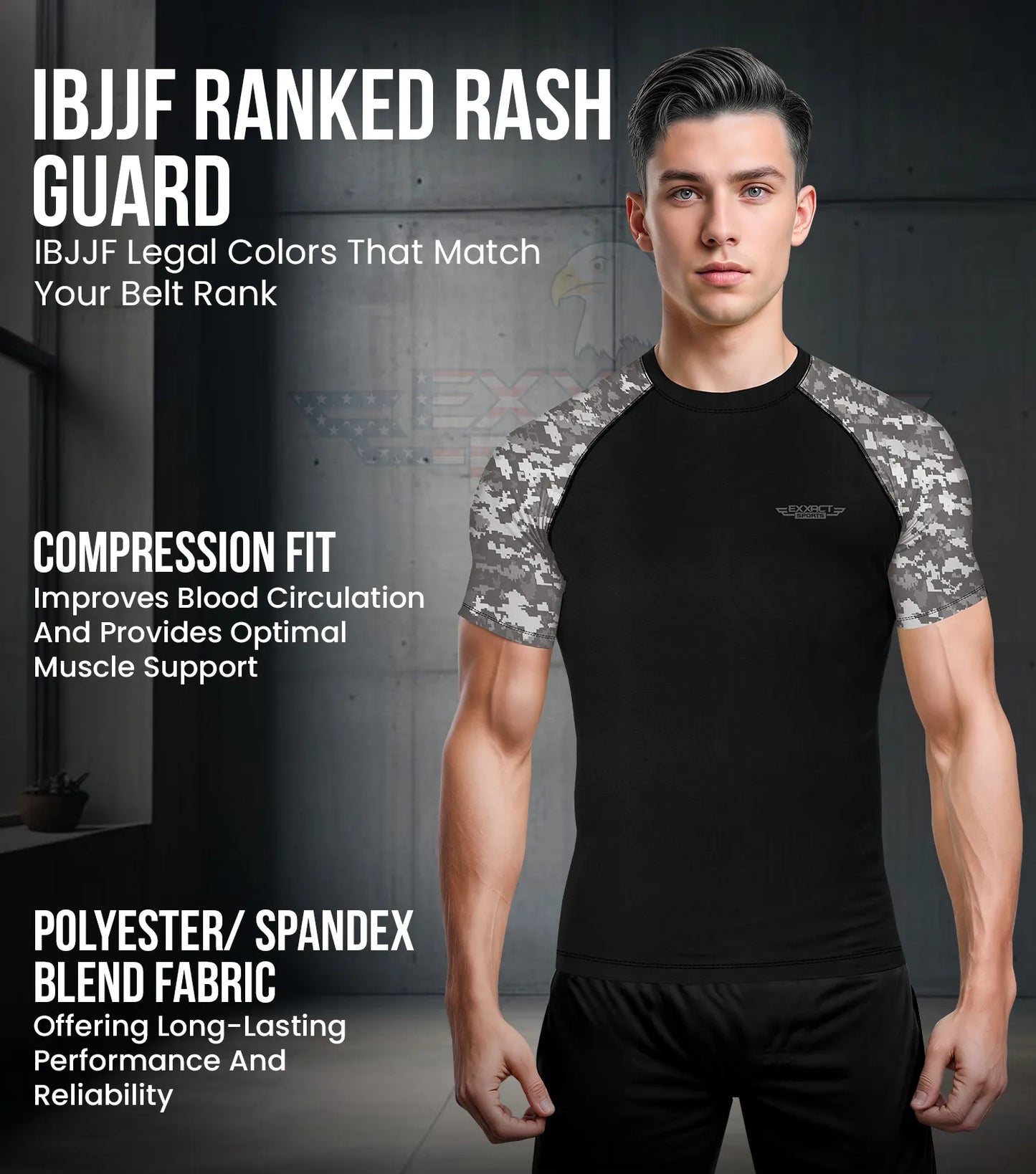 Men's Gray Camo BJJ Rash Guard Short Sleeve