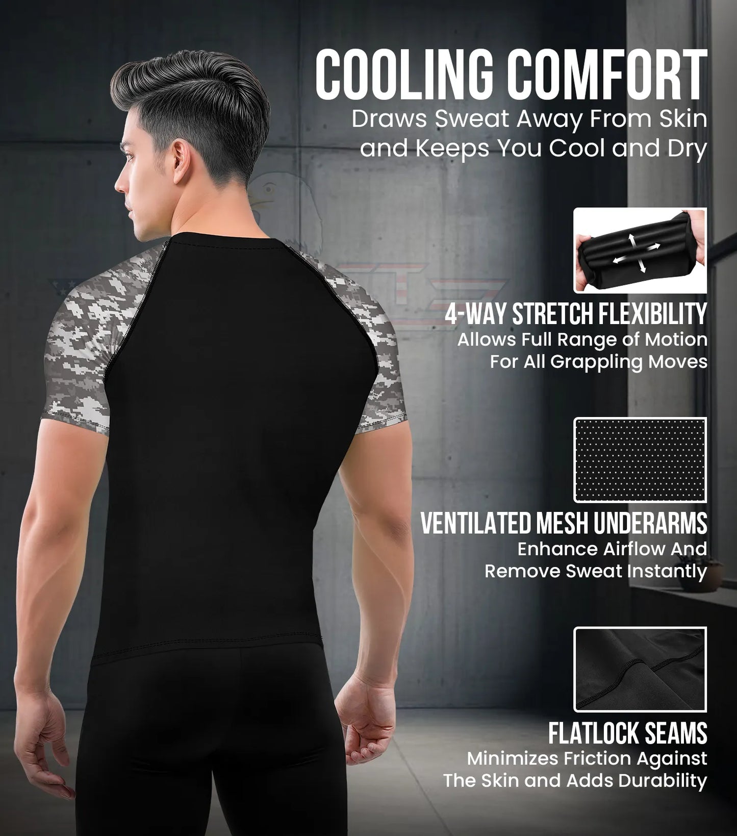 Men's Gray Camo BJJ Rash Guard Short Sleeve