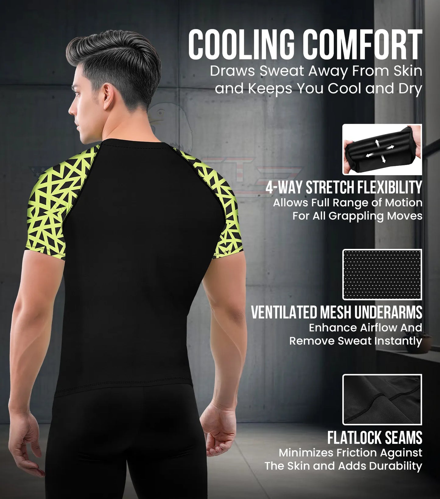 Men's Neon Green Texture BJJ Rash Guard Short Sleeve