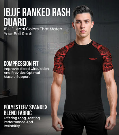 Men's Red Texture BJJ Rash Guard Short Sleeve