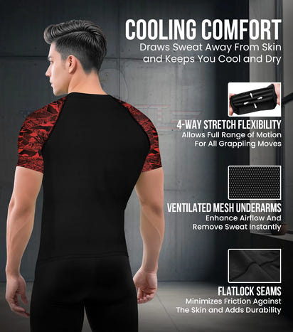 Men's Red Texture BJJ Rash Guard Short Sleeve