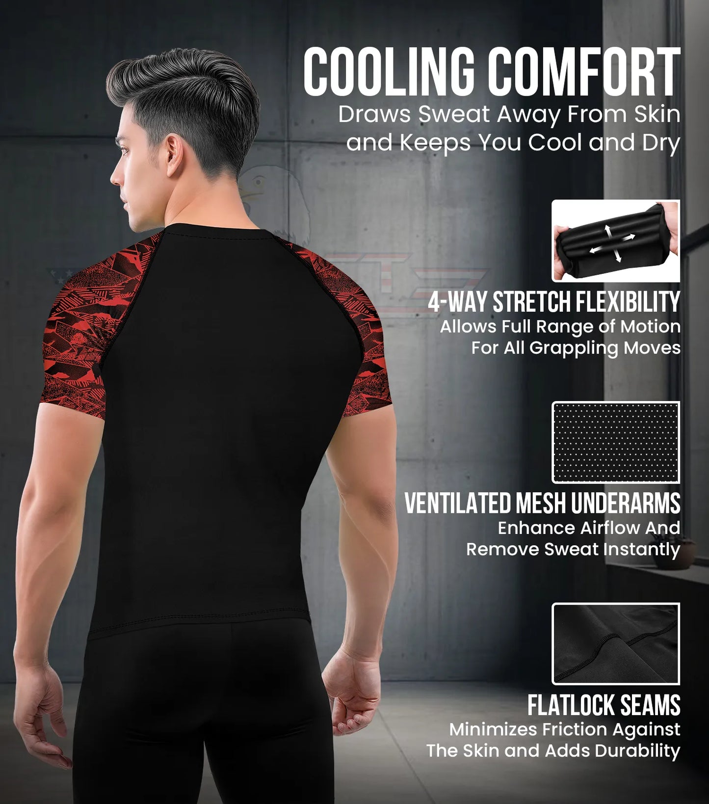 Men's Red Texture BJJ Rash Guard Short Sleeve