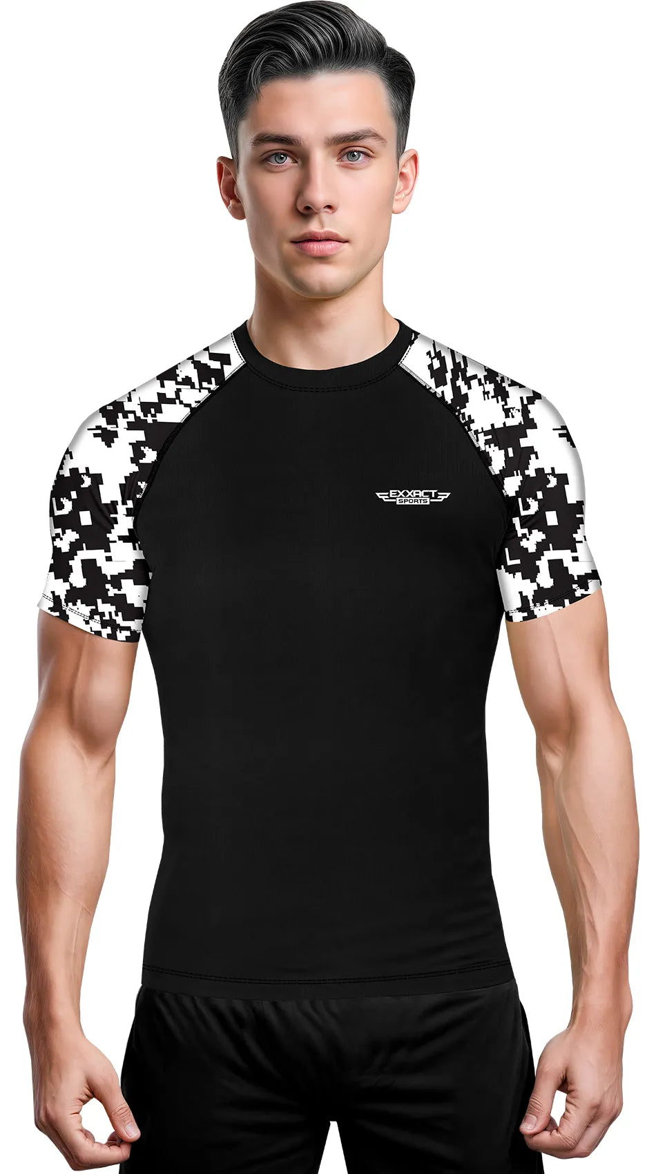 Men's Black & White Camo BJJ Rash Guard Short Sleeve
