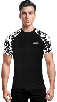 Men's Black & White Camo BJJ Rash Guard Short Sleeve