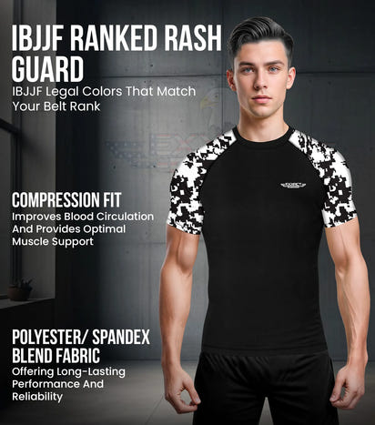 Men's Black & White Camo BJJ Rash Guard Short Sleeve