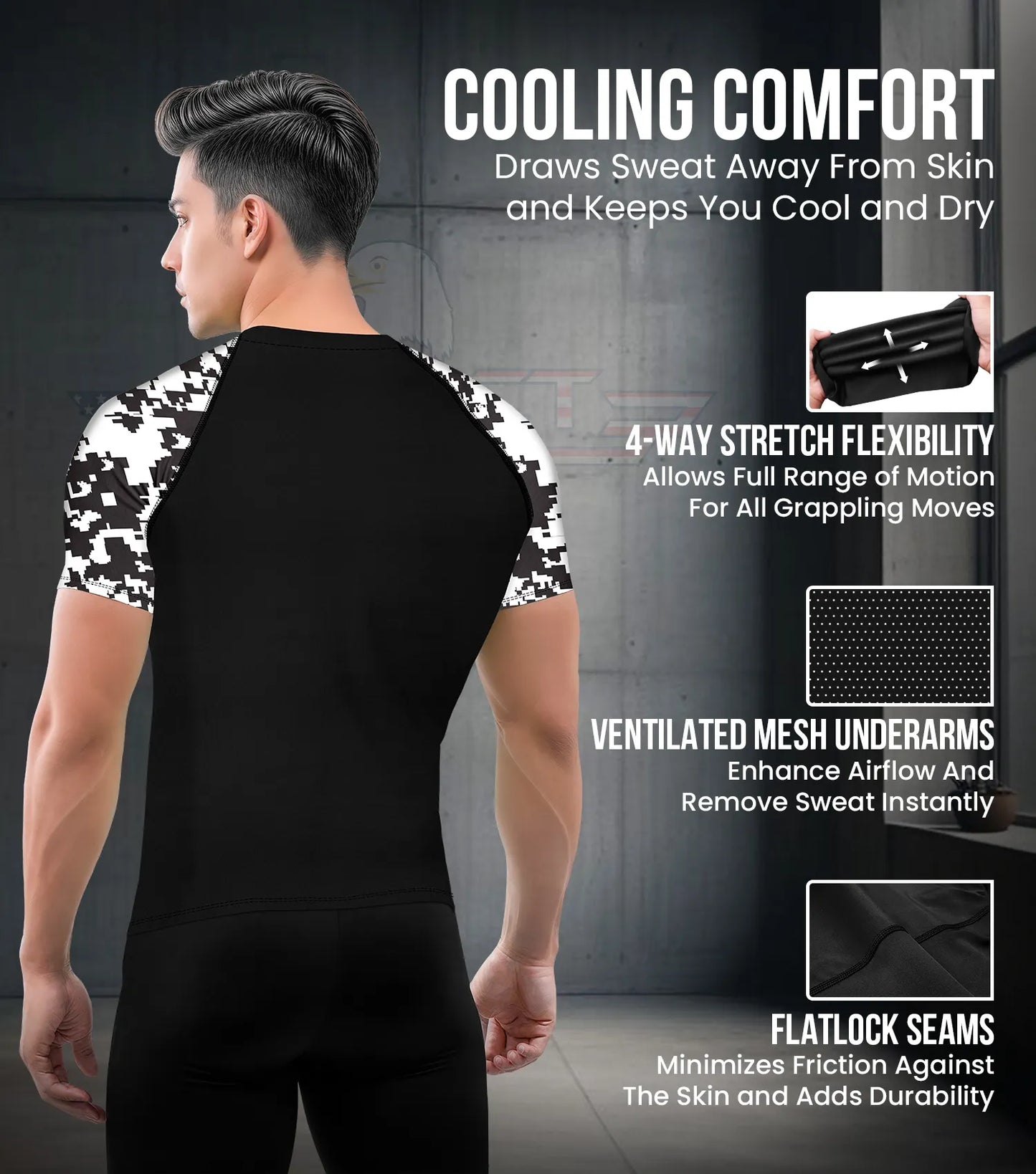 Men's Black & White Camo BJJ Rash Guard Short Sleeve