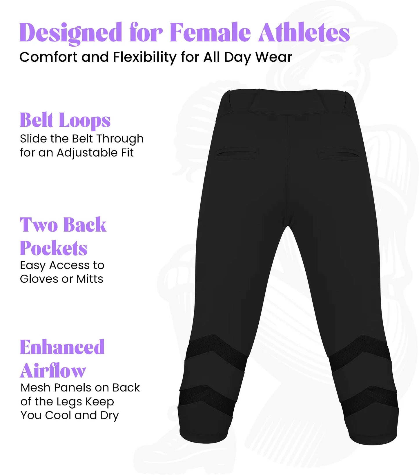 Softball Pants for Women with Snap and Zipper, Elastic Bottom, and Mesh Panels (Black)