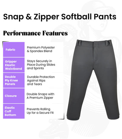 Softball Pants for Women with Snap and Zipper, Elastic Bottom, and Mesh Panels (Dark Gray)