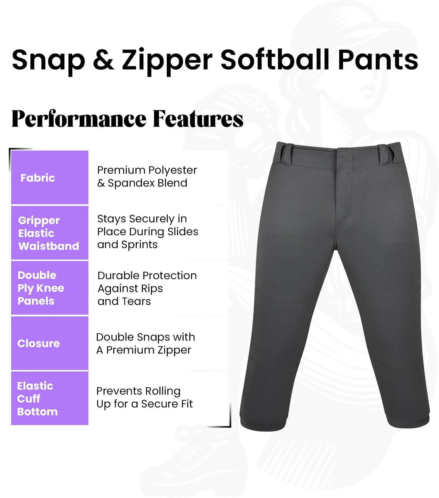 Softball Pants for Women with Snap and Zipper, Elastic Bottom, and Mesh Panels (Dark Gray)