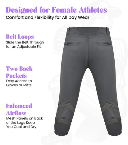 Softball Pants for Women with Snap and Zipper, Elastic Bottom, and Mesh Panels (Dark Gray)