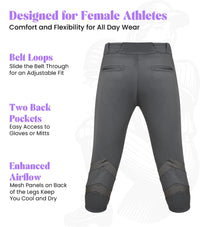 Softball Pants for Women with Snap and Zipper, Elastic Bottom, and Mesh Panels (Dark Gray)