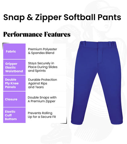 Softball Pants for Women with Snap and Zipper, Elastic Bottom, and Mesh Panels (Navy)