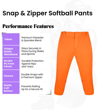 Softball Pants for Women with Snap and Zipper, Elastic Bottom, and Mesh Panels (Orange)