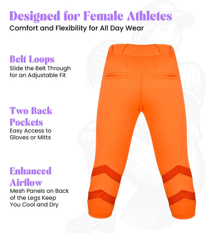 Softball Pants for Women with Snap and Zipper, Elastic Bottom, and Mesh Panels (Orange)