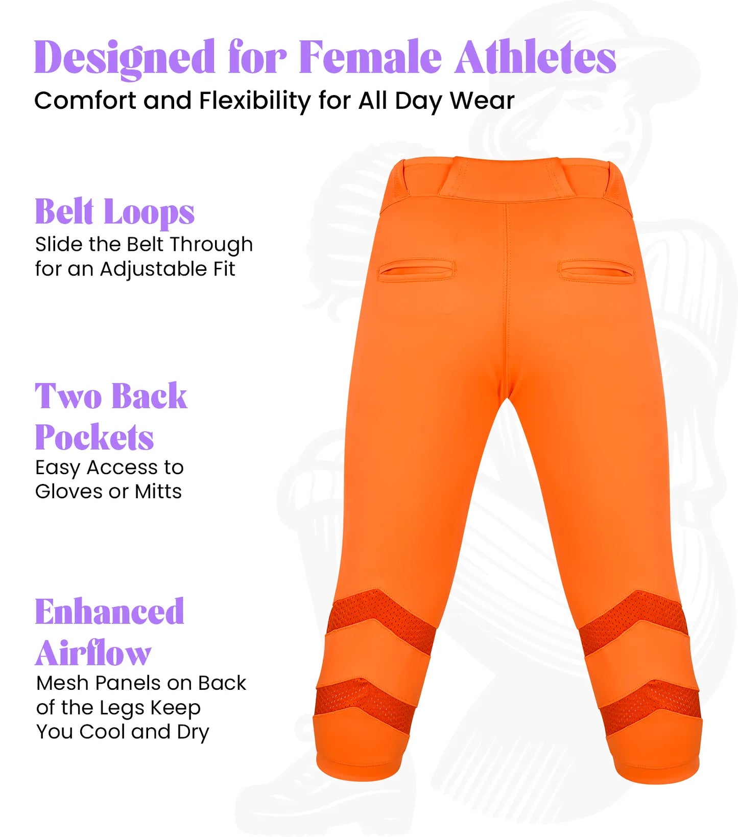 Softball Pants for Women with Snap and Zipper, Elastic Bottom, and Mesh Panels (Orange)