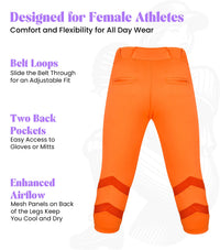Softball Pants for Women with Snap and Zipper, Elastic Bottom, and Mesh Panels (Orange)