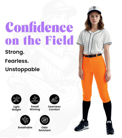 Softball Pants for Women with Snap and Zipper, Elastic Bottom, and Mesh Panels (Orange)