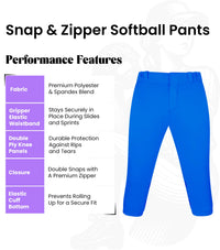Softball Pants for Women with Snap and Zipper, Elastic Bottom, and Mesh Panels (Royal Blue)