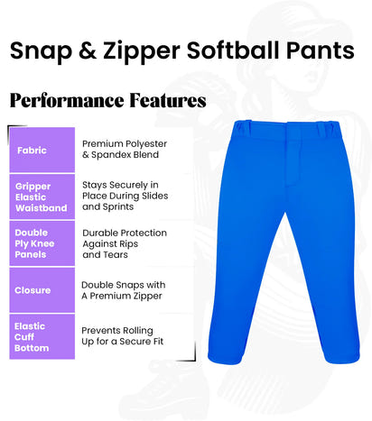 Softball Pants for Women with Snap and Zipper, Elastic Bottom, and Mesh Panels (Royal Blue)