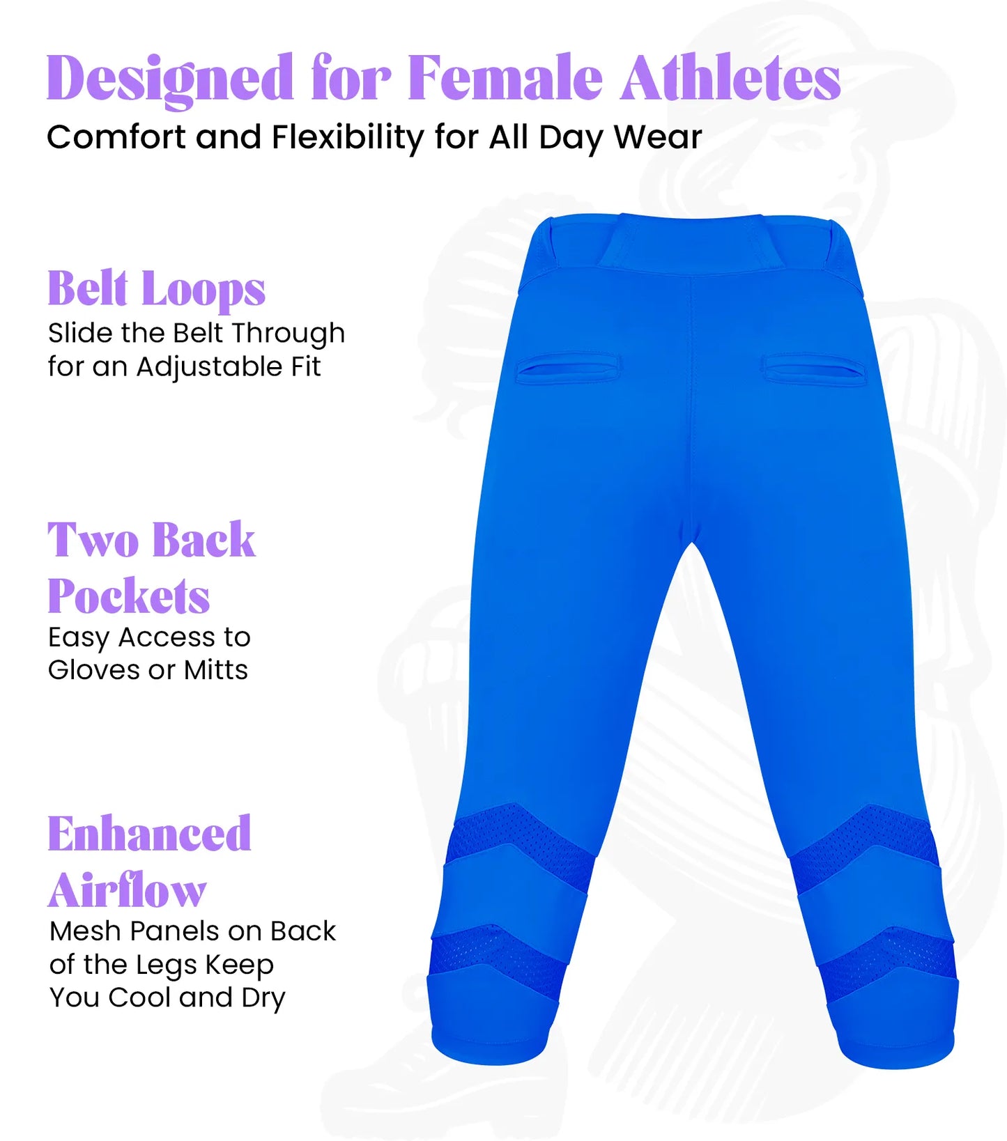 Softball Pants for Women with Snap and Zipper, Elastic Bottom, and Mesh Panels (Royal Blue)