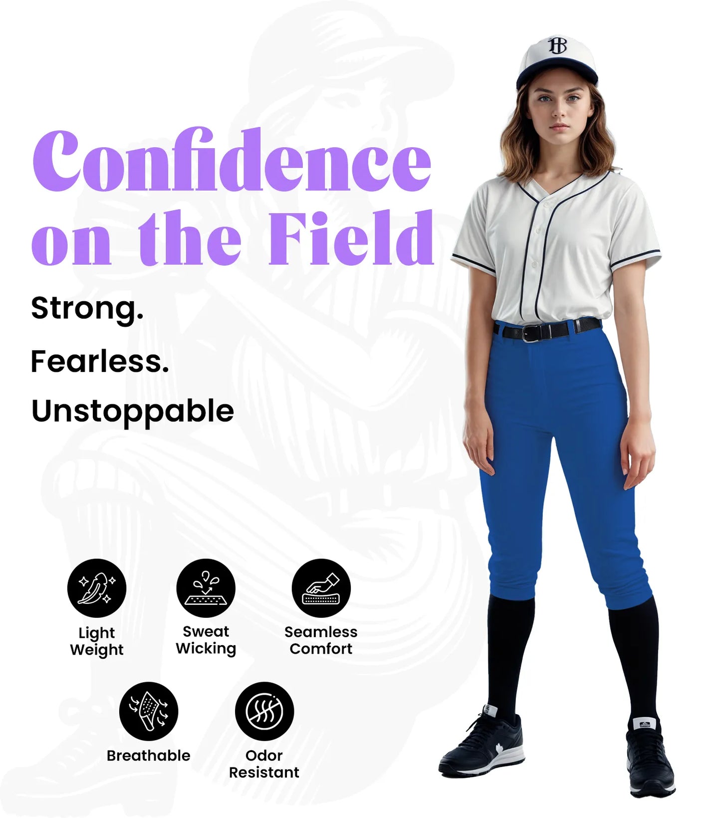 Softball Pants for Women with Snap and Zipper, Elastic Bottom, and Mesh Panels (Royal Blue)