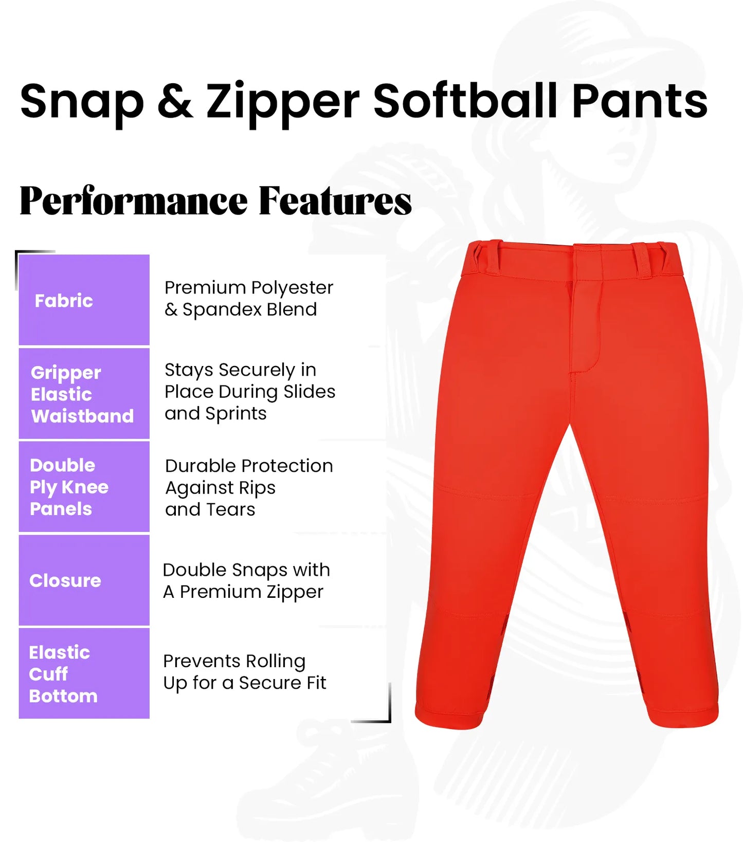 Softball Pants for Women with Snap and Zipper, Elastic Bottom, and Mesh Panels (Red)