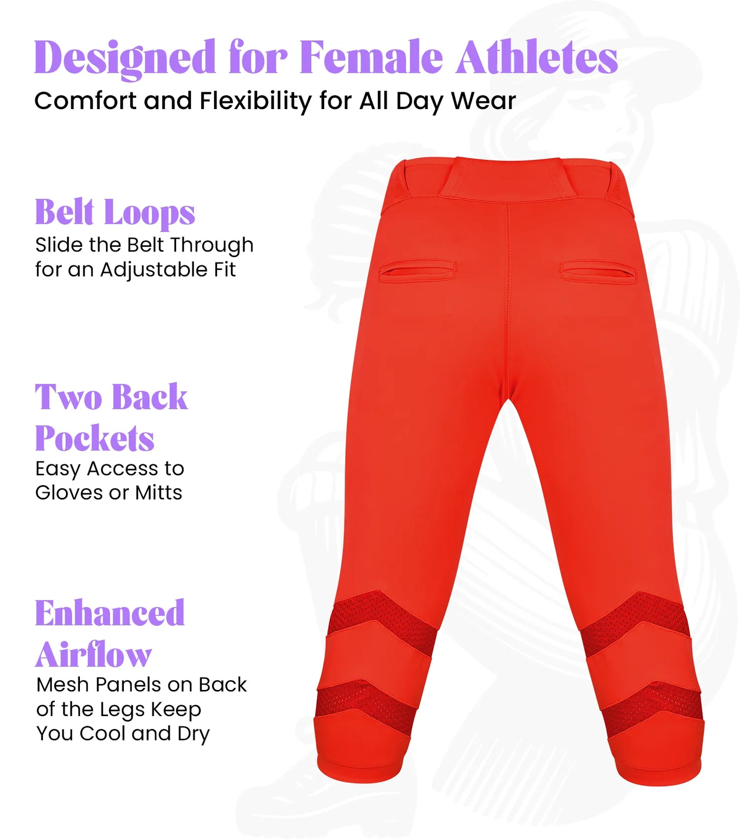 Softball Pants for Women with Snap and Zipper, Elastic Bottom, and Mesh Panels (Red)