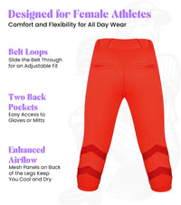 Softball Pants for Women with Snap and Zipper, Elastic Bottom, and Mesh Panels (Red)