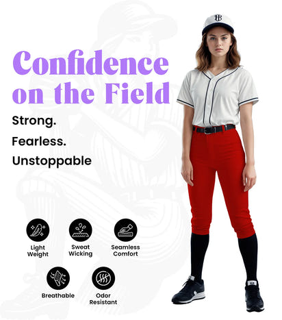 Softball Pants for Women with Snap and Zipper, Elastic Bottom, and Mesh Panels (Red)