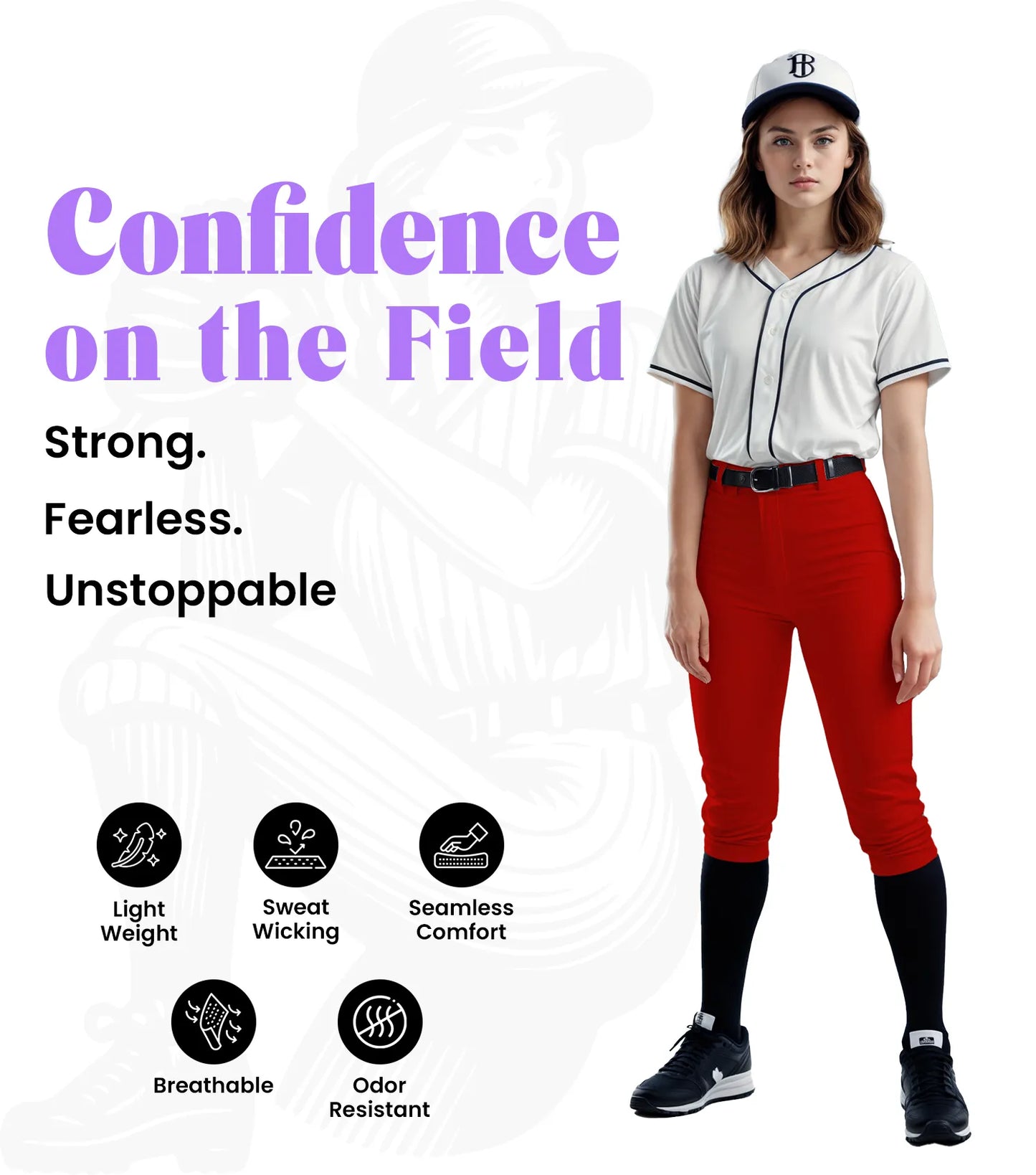 Softball Pants for Women with Snap and Zipper, Elastic Bottom, and Mesh Panels (Red)