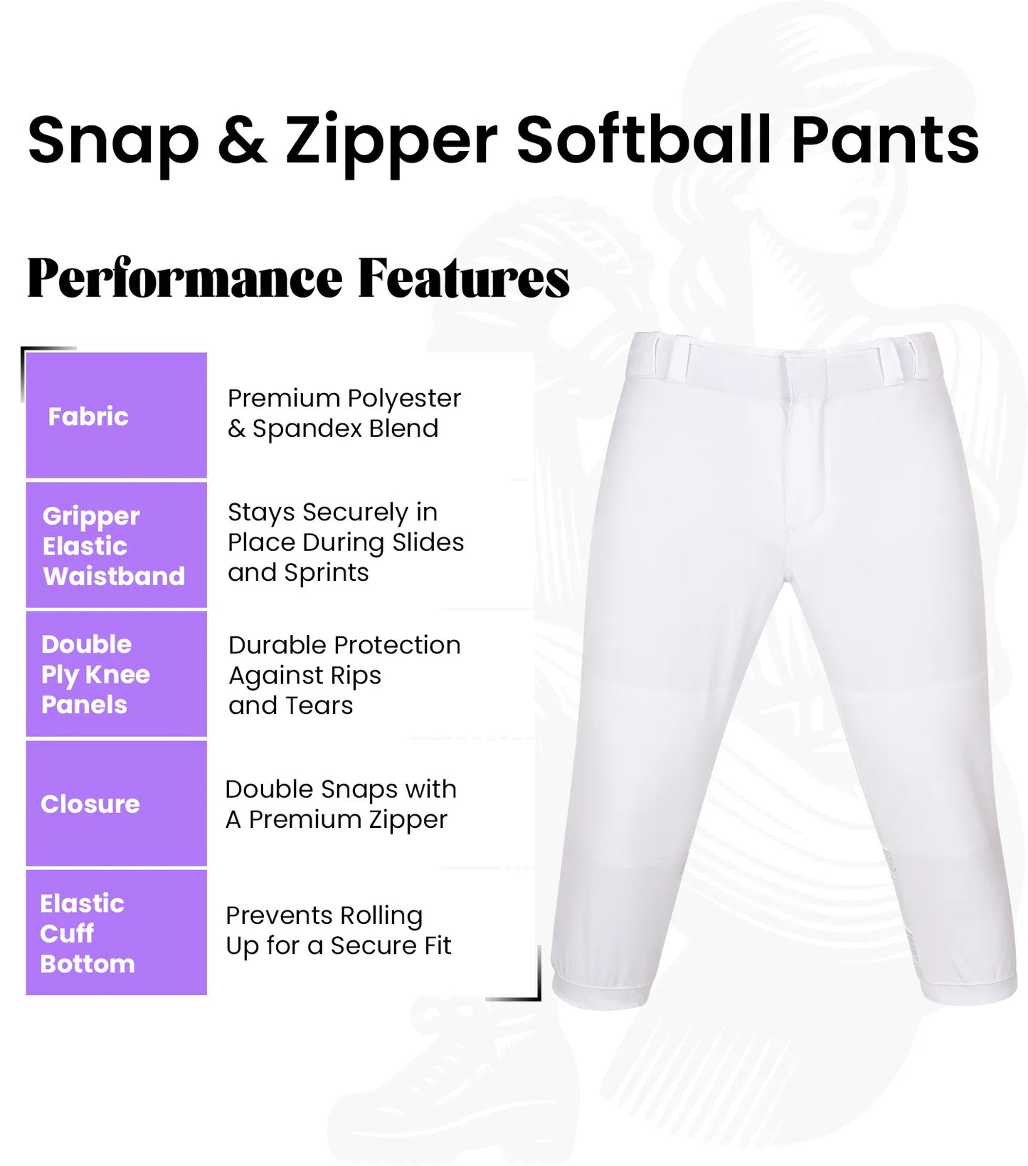 Softball Pants for Women with Snap and Zipper, Elastic Bottom, and Mesh Panels (White)