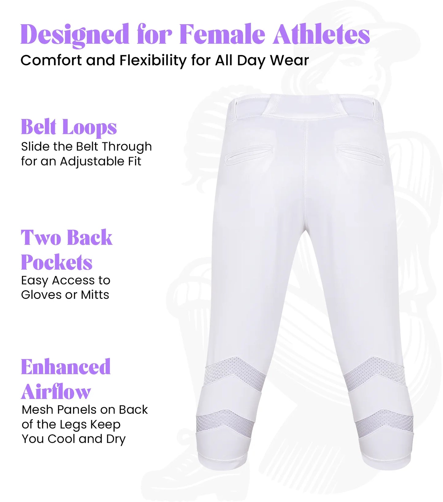 Softball Pants for Women with Snap and Zipper, Elastic Bottom, and Mesh Panels (White)