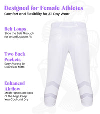 Softball Pants for Women with Snap and Zipper, Elastic Bottom, and Mesh Panels (White)