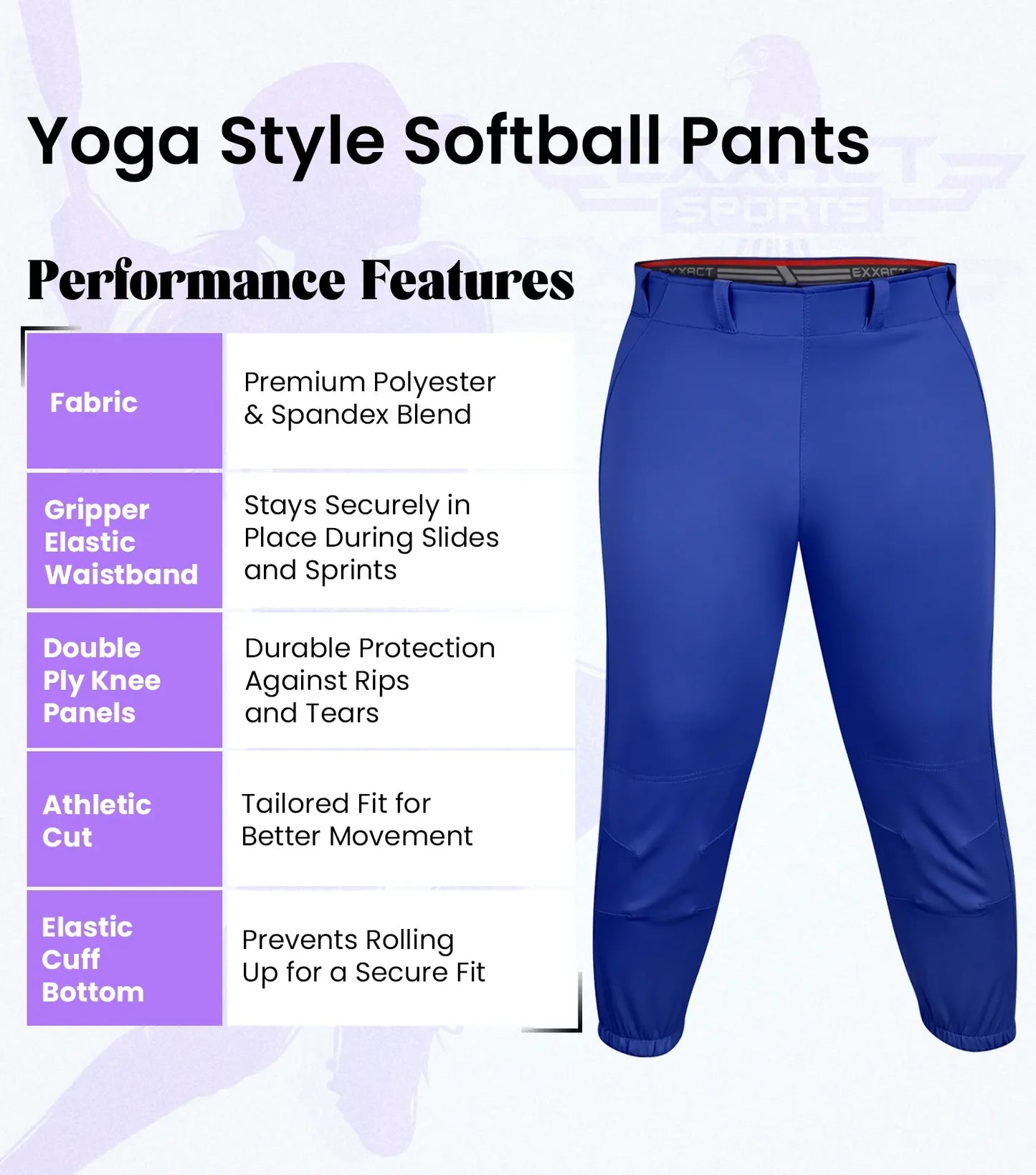 Knicker/Yoga Style Softball Pants For Girls (Royal Blue)