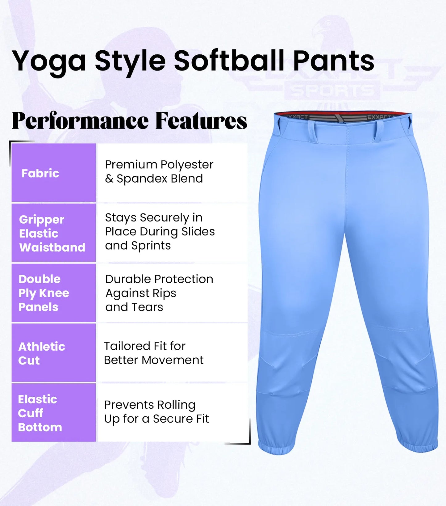 Yoga/Knicker Style Softball Pants For Women (Columbia Blue)