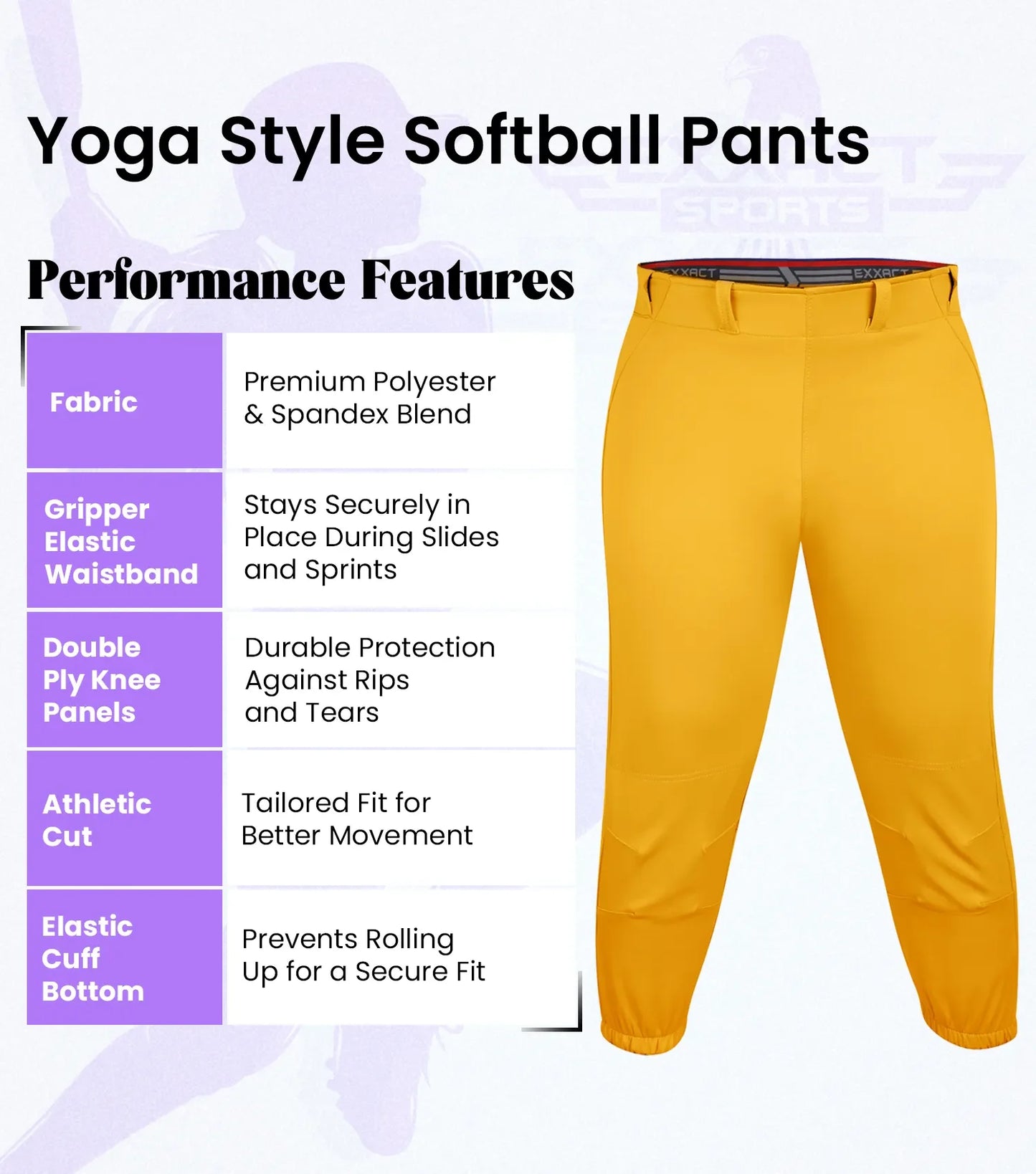 Knicker/Yoga Style Softball Pants For Girls (Athletic Gold)