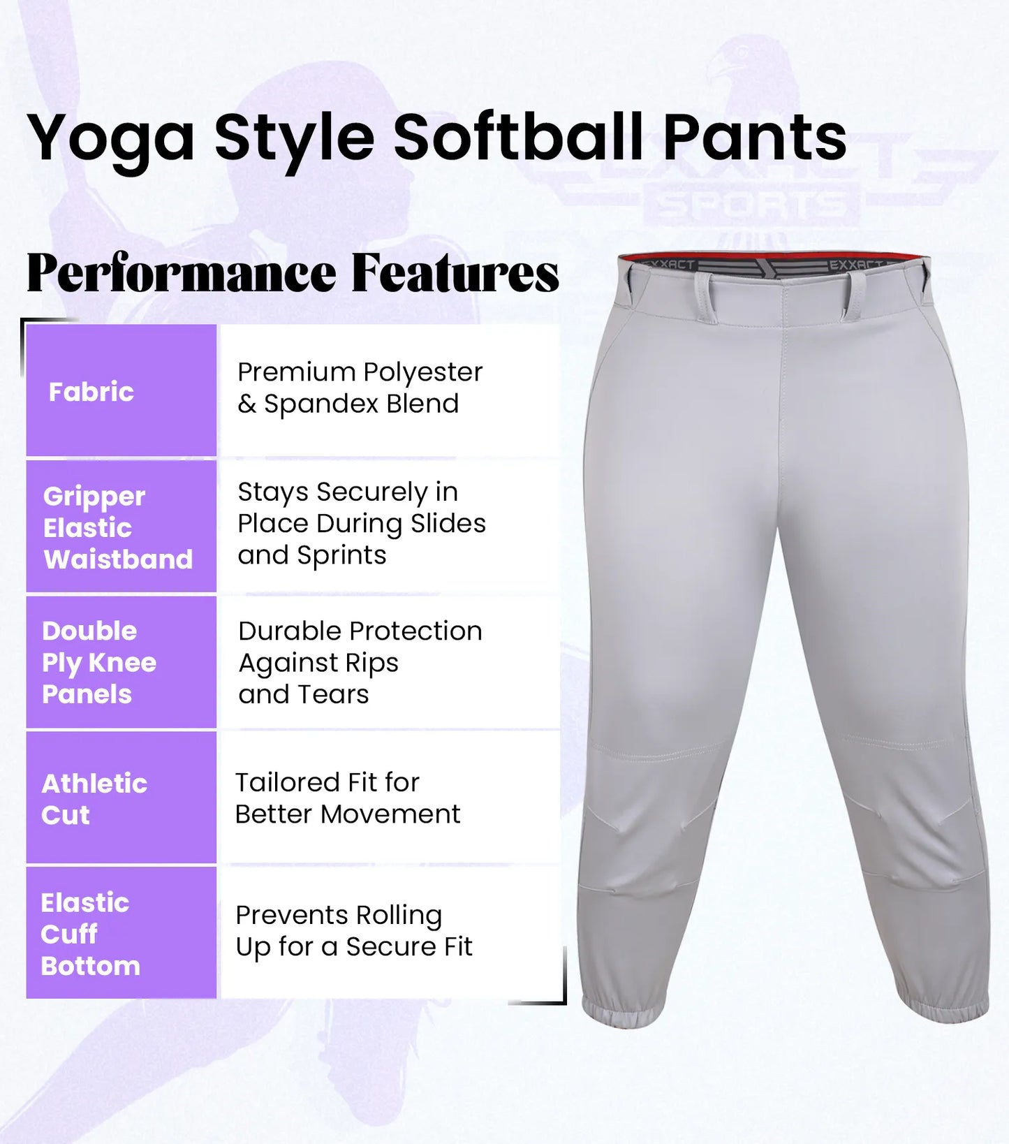 Knicker/Yoga Style Softball Pants For Girls (Gray)