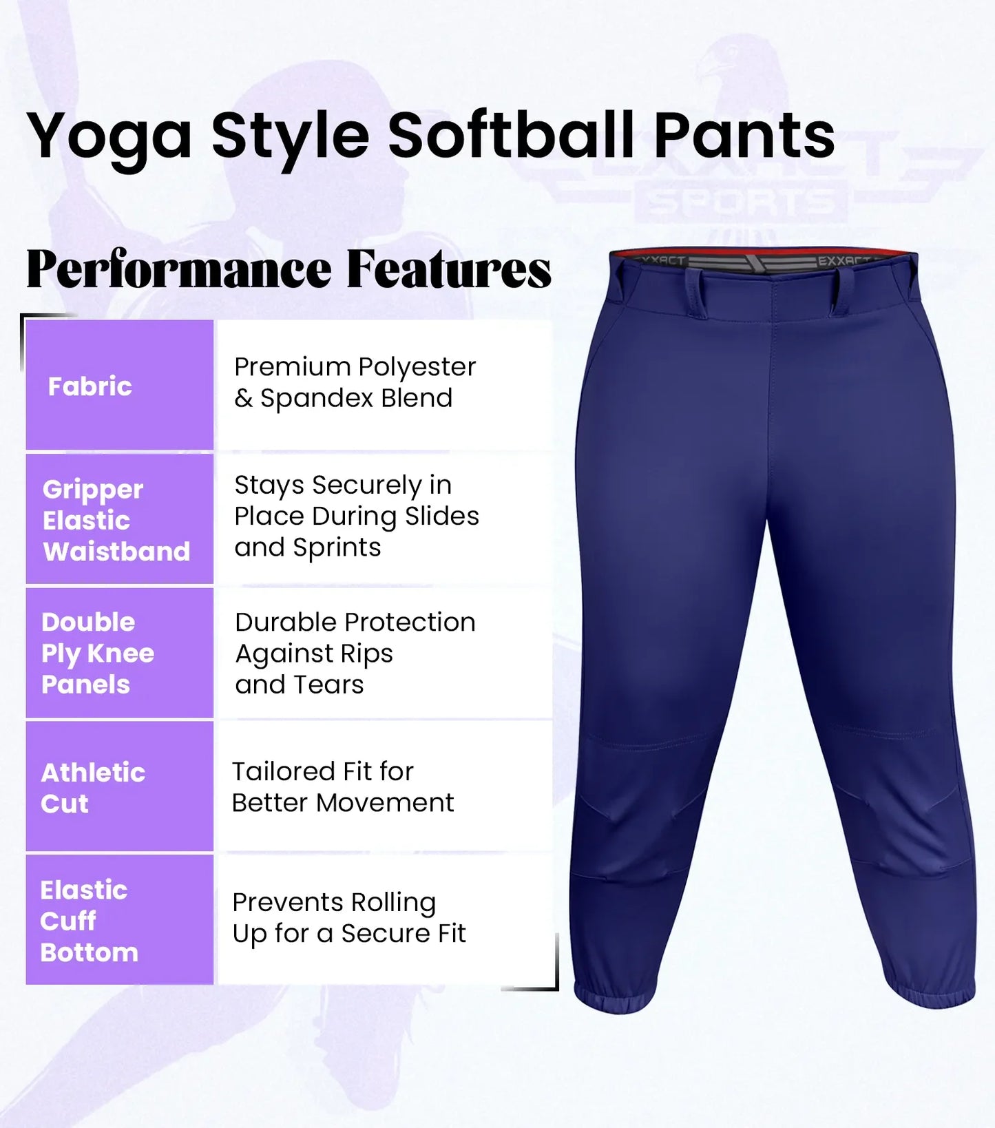 Knicker/Yoga Style Softball Pants For Girls (Navy)