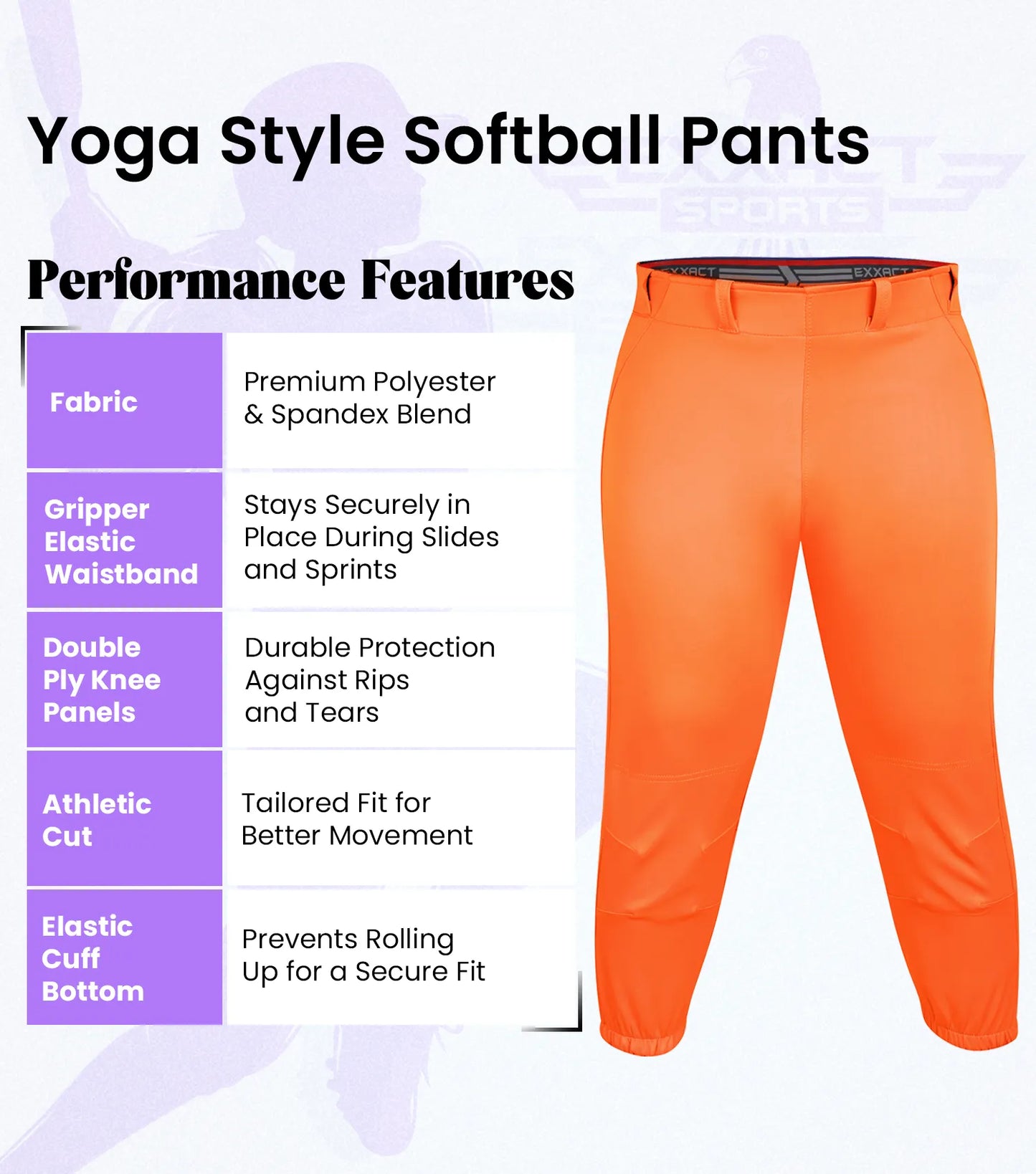 Knicker/Yoga Style Softball Pants For Girls (Orange)